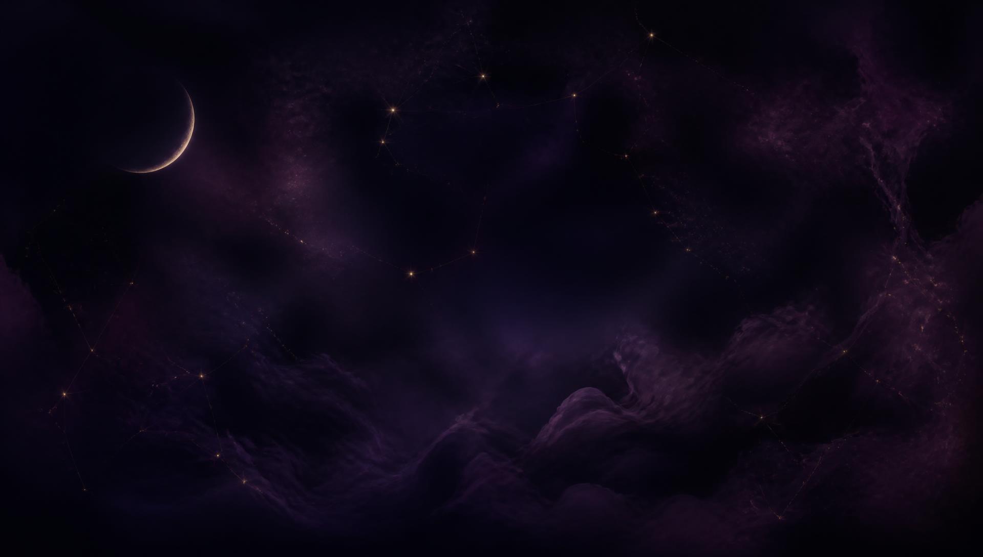 Night sky of deep purple nebula clouds, gold constellations and a crescent moon